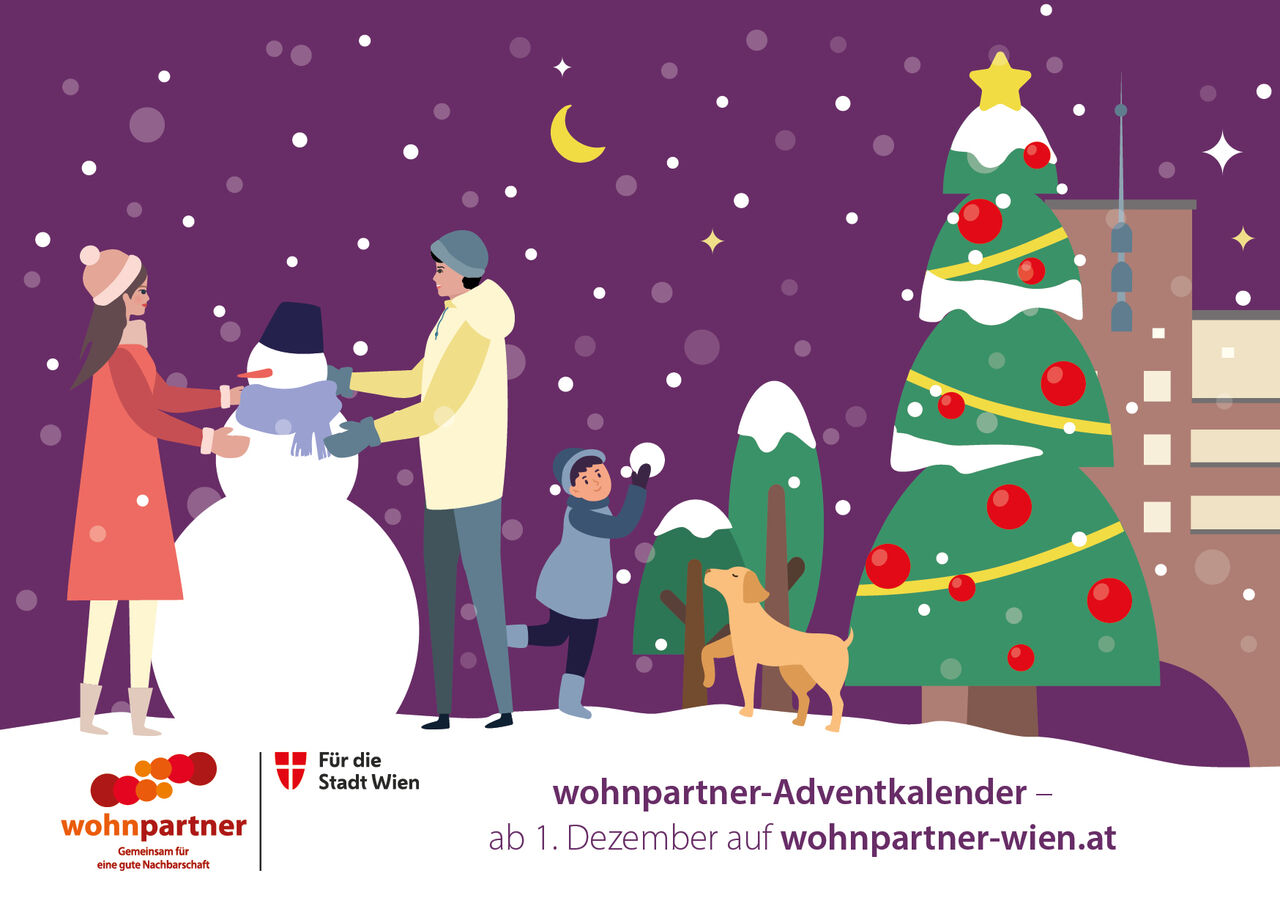 Sujet des wohnpartner Adventkalenders in Comicdarstellung. Frau und Mann bauen einen Schneemann, Kind spielt daneben mit Schneeball mit Hund, daneben steht ein Weihnachtsbaum.