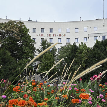 Die Fassade des Karl-Seitz-Hofs vor einer orange-pinken Blumenwiese