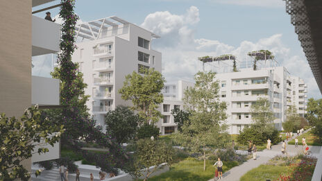 Visualisierung eines Wohnprojekts mit weißer Fassade