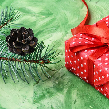 Weihnachtsdekoration: Ein Tannenzweig, ein Tannenzapfen, ein Weihnachtsgeschenk mit rotem Geschenkpapier und roter Schleife