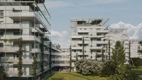 Visualisierung eines Wohnprojekts mit weißer Fassade und vertikaler Begrünung