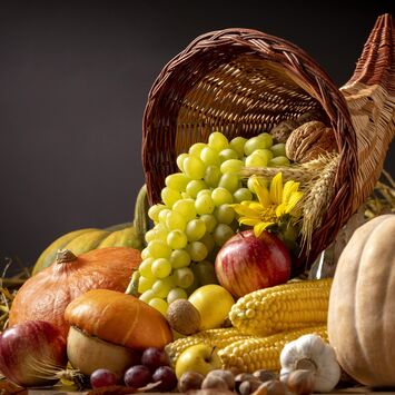 Festliches Füllhorn-Arrangement mit Kürbissen, Trauben, Maiskolben, Äpfeln etc.