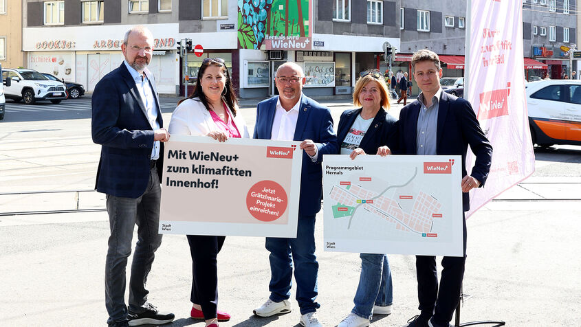 Drei Männer und zwei Frauen halten zwei Schilder mit den Inhalten "Mit Wien Neu+ zum klimafitten Innenhof" und einem Plan des Grätzls. Die fünf Personen sehen freundlich in die Kamera. Im Hintergrund ist eine Straßenkreuzung mit Schienen und vorbeifahrenden Autos zu erkennen.