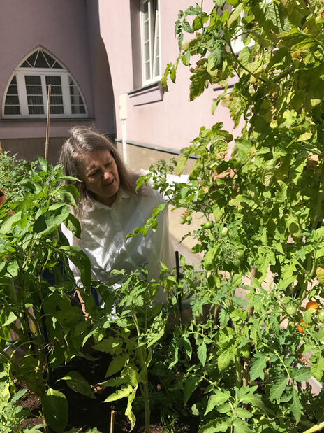 Eine fleißige Gärtnerin sieht nach, ob mit dem Pflanzen alles in Ordnung ist.