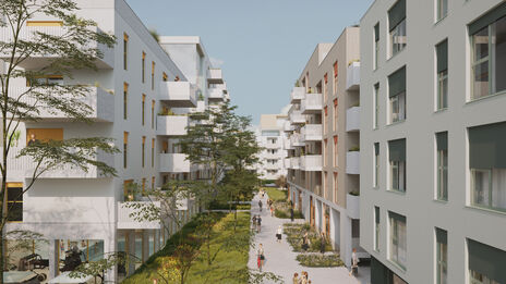 Visualisierung eines Wohnprojekts mit weißer Fassade