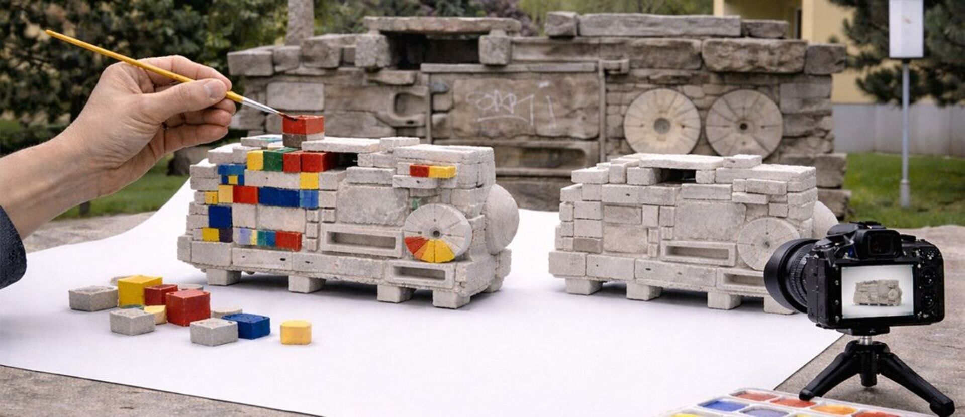 3D-Modelle des Kunstprojekts Replica, die mit Wasserfarben bemalt und fotografiert werden.