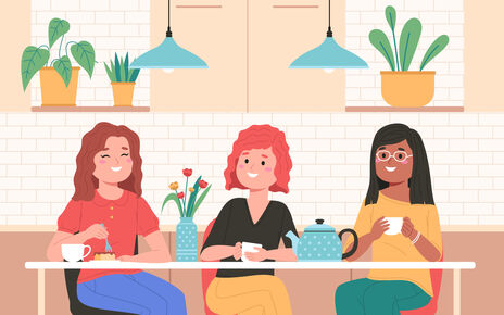Illustration von drei Frauen mit unterschiedlichen Haar- und Hautfarben, die zusammen an einem Tisch sitzen und Kaffee oder Tee trinken.