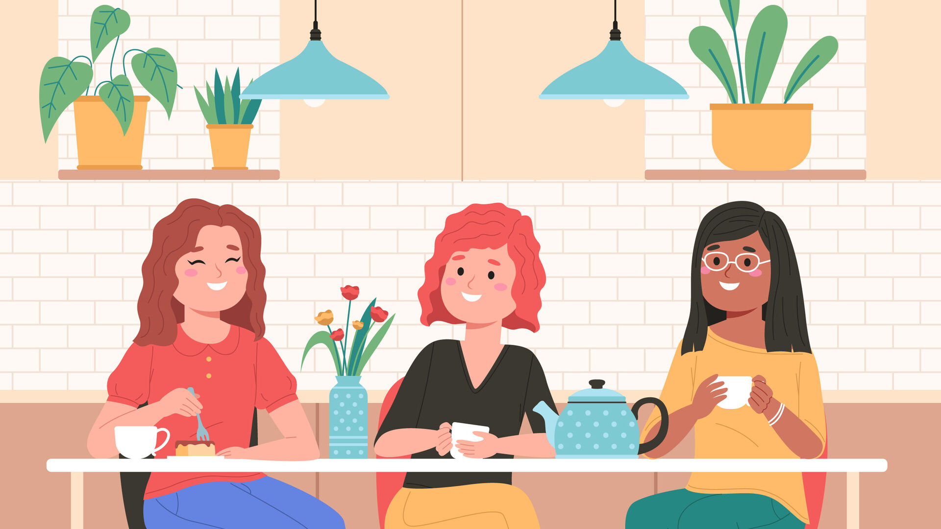 Illustration von drei Frauen mit unterschiedlichen Haar- und Hautfarben, die zusammen an einem Tisch sitzen und Kaffee oder Tee trinken.