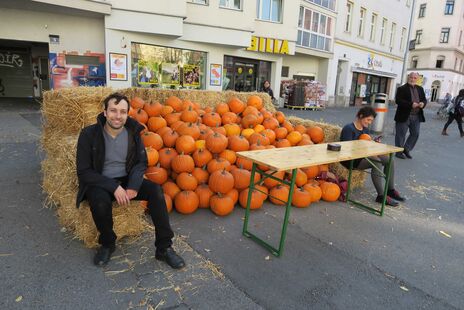 wohnpartner-Mitarbeiter mit großer Ladung Kürbisse