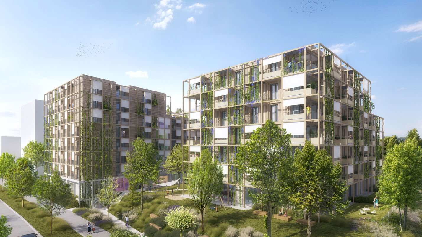 Süd-Perspektive der Visualisierung des Wohnprojekts Kurbadstraße BAG 5 des Bauträgers Gartenheim im 19. Bezirk - Gebäude mit Holz verkleidet und begrünt
