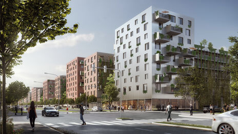 mehrere moderne Wohngebäude mit Balkonen und begrünten Fassaden an einer Straßenkreuzung mit Fußgängern und Autos