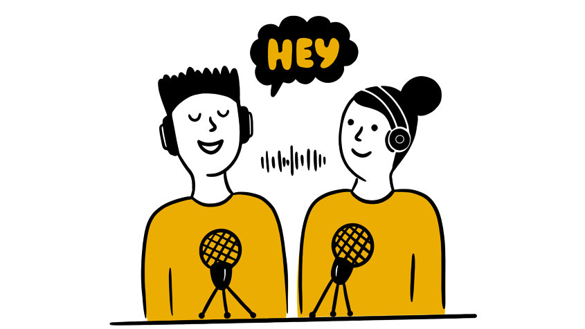 Die comichafte Grafik von zwei Personen, die vor zwei Mikrophonen sitzen und offenbar miteinander sprechen soll einen Podcast symbolisieren. Über den beiden ist eine Sprechblase mit dem Wort Hey zu sehen.