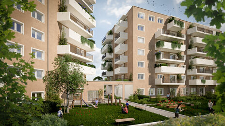 Visualisierung des Wohnprojekts Leben in der Kagraner Flur - BPL D1 im 22. Bezirk als braunes Gebäude mit weißen Balkonen - Hofperspektive