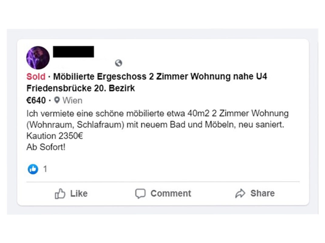 Screenshot eines Wohnungsanzeige auf Facebook