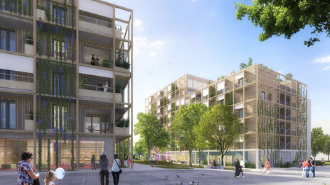 Nord-Perspektive der Visualisierung des Wohnprojekts Kurbadstraße BAG 5 des Bauträgers Gartenheim im 19. Bezirk - Gebäude mit Holz verkleidet und begrünt