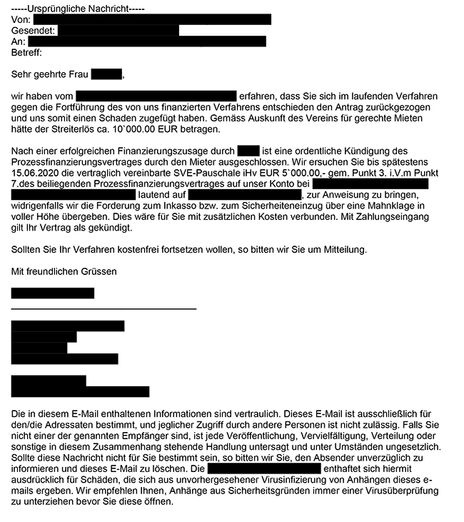 Faksimile des Mails des Prozessfinanzierers an Frau A.