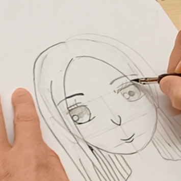 Zwei Hände, die einen speziellen Zeichenstift halten und eine Mangafigur zeichnen