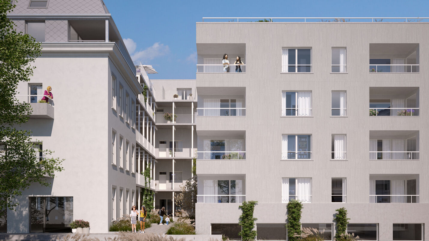 Visualisierung eines Hauses moderner Bauart mit Flachdach und Balkonen. Gepflasterter und begrünter Innenhof