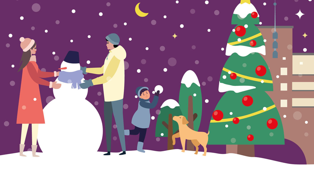 Sujet des wohnpartner Adventkalenders in Comicdarstellung. Frau und Mann bauen einen Schneemann, Kind spielt daneben mit Schneeball mit Hund, daneben steht ein Weihnachtsbaum.