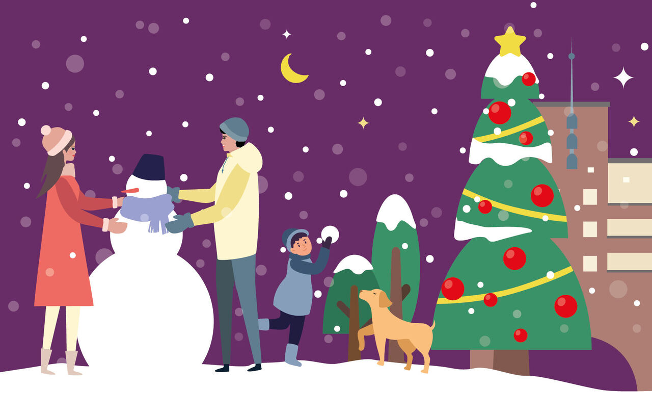 Sujet des wohnpartner Adventkalenders in Comicdarstellung. Frau und Mann bauen einen Schneemann, Kind spielt daneben mit Schneeball mit Hund, daneben steht ein Weihnachtsbaum.