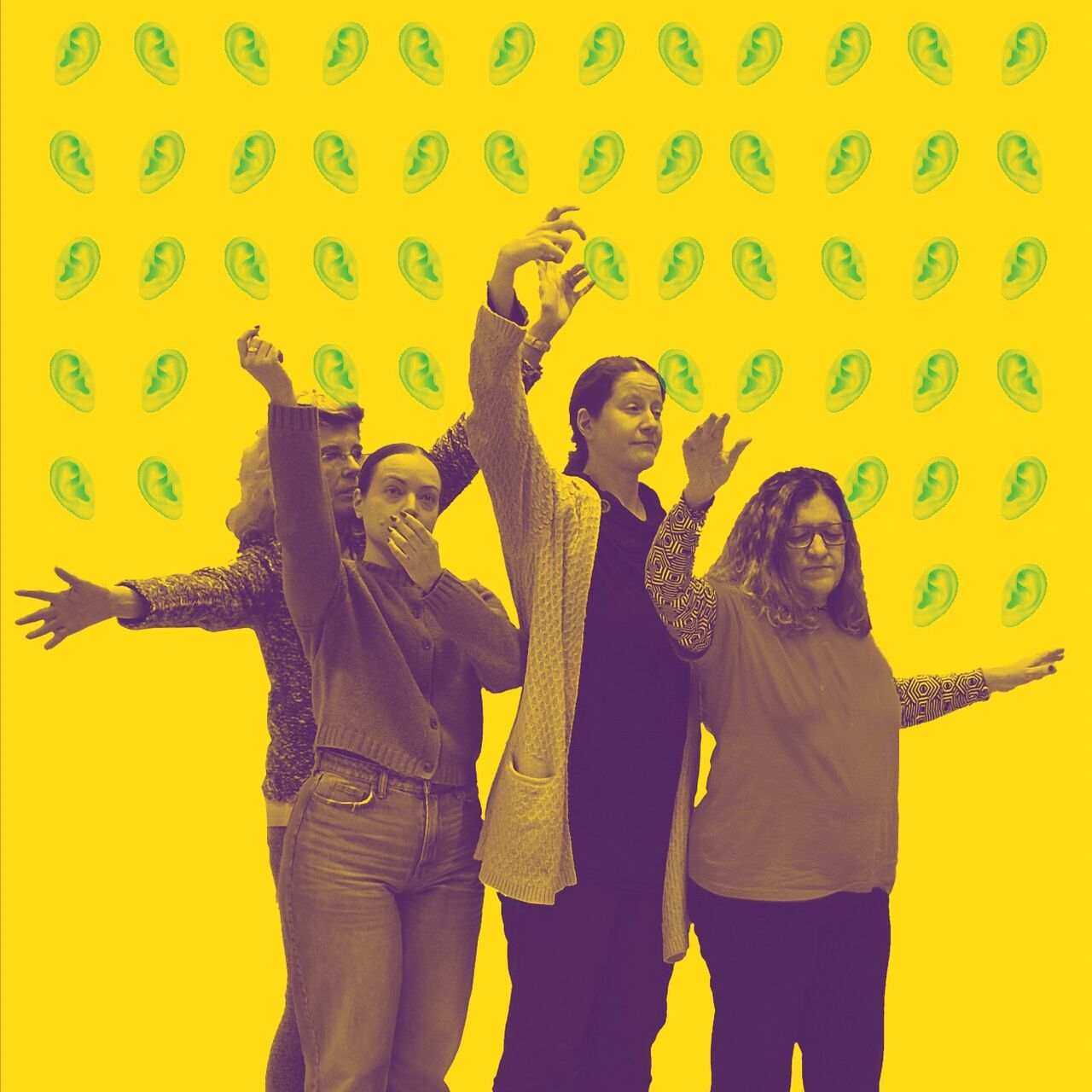 4 Frauen stehen hintereinander und halten die Arme in die Höhe. Sie sind in einem Braunton dargestellt. Der Hintergrund ist einfärbig gelb leuchtend mit mehreren Zeilen aus grünen Ohren.