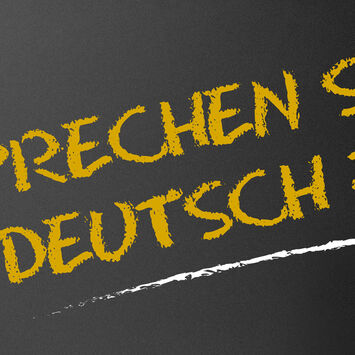 Der Schriftzug "Sprechen Sie Deutsch?" mit Kreide auf eine schwarze Tafel geschrieben