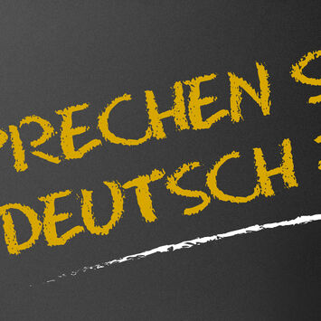 Der Schriftzug "Sprechen Sie Deutsch?" mit Kreide auf eine schwarze Tafel geschrieben