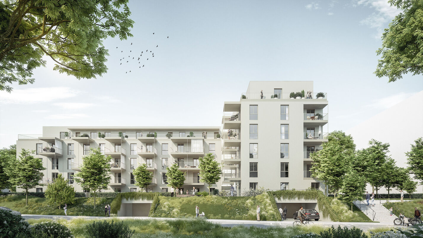 Außenansicht eines neuen Wohnhauses mit Flachdach, Balkonen und viel Grünraum davor