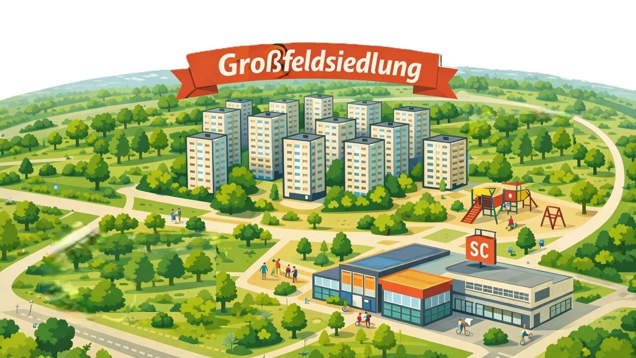 Illustration einer idealisierten Hochhaussiedlung mit dem Schriftzug "Großfeldsiedlung" darüber. Neben den Hochhäusern befindet sich ein Spielplatz, im Vordergrund ist ein zweigeschoßiges Shoppingcenter mit der Aufschrift "SC" zu sehen. Umringt ist dieses Szenerie mit von Bäumen und viel Grün.