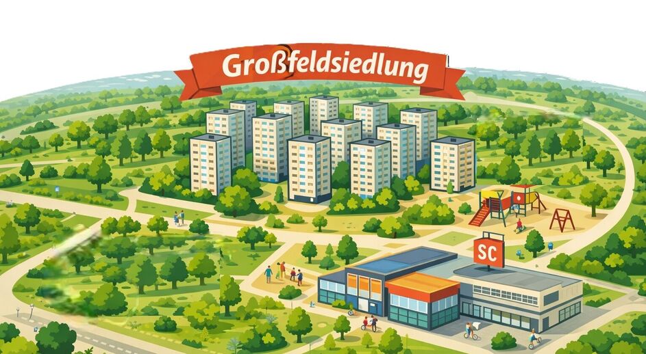 Illustration einer idealisierten Hochhaussiedlung mit dem Schriftzug "Großfeldsiedlung" darüber. Neben den Hochhäusern befindet sich ein Spielplatz, im Vordergrund ist ein zweigeschoßiges Shoppingcenter mit der Aufschrift "SC" zu sehen. Umringt ist dieses Szenerie mit von Bäumen und viel Grün.