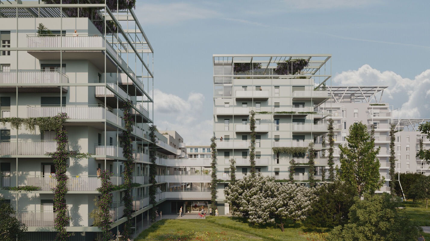 Visualisierung eines Wohnprojekts mit weißer Fassade und vertikaler Begrünung