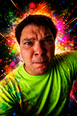 Person mit grünem Shirt mit Farbflecken starrt verzwickt in die Kamera, im Hintergrund ein bunter Mix aus verschiedensten Farbspritzern und Klecksen auf schwarzem Grund.