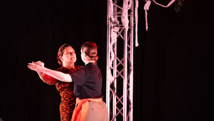 Zwei Personen tanzen klassisch miteinander. Sie werden von rötlichem Licht angestrahlt, der Hintergrund des Raumes ist schwarz.