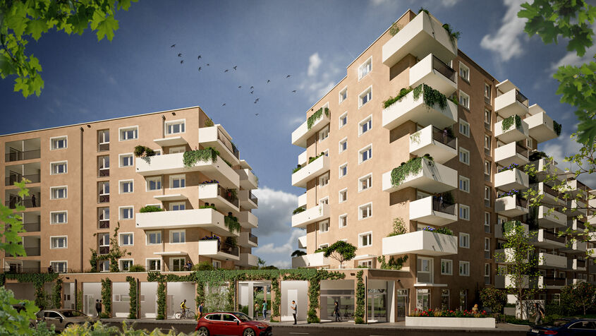 Visualisierung des Wohnprojekts Leben in der Kagraner Flur - BPL D1 im 22. Bezirk als braunes Gebäude mit weißen Balkonen - Straßenseite