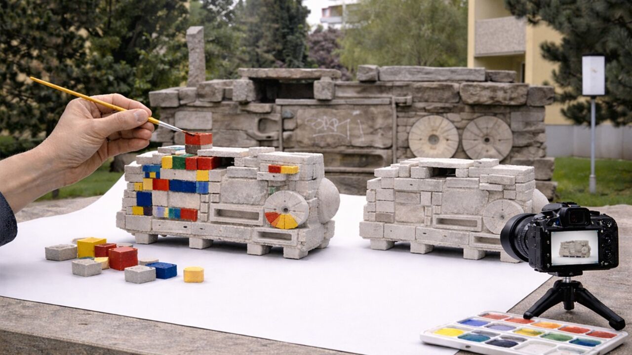 Hand bemalt bunte kleine Würfel auf einem grauen Steinmodell auf einem Tisch im Freien mit einem zweiten Steinmodell und einer Kamera daneben