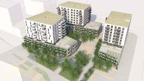 Visualisierung eines Wohnprojekts mit weißer Fassade, Grünflächen und Supergreißler