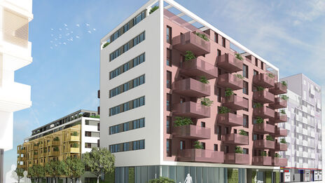 Visualisierung des Wohnprojekts Viola Park, Bauplatz 3, des Bauträgers AEAG im 10. Bezirk, mit Straßenblick