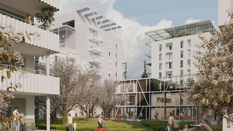 Visualisierung eines Wohnprojekts mit weißer Fassade