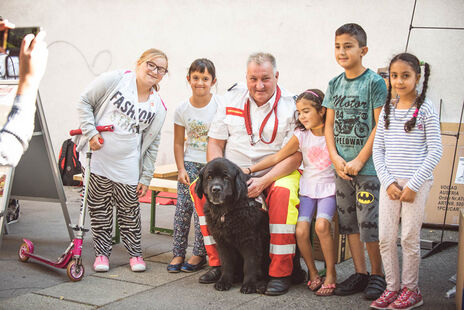 Der Rettungshund ist der Kindermagnet.