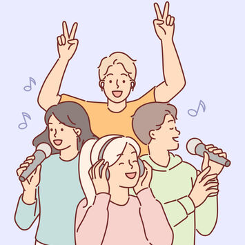 Illustration: Vier Menschen singen und hören gemeinsam Musik. Während zwei Personen Mikrofone in den Händen halten, lauscht eine weitere Person mit Kopfhörern der Musik, während eine vierte begeistert im Hintergrund mitfeiert.