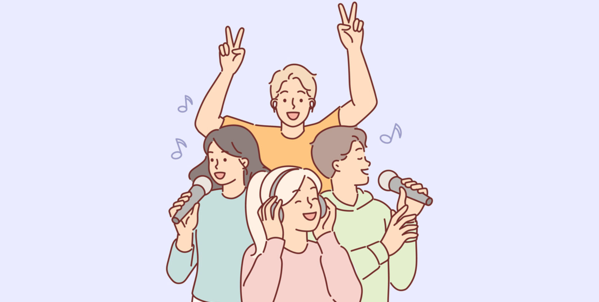 Illustration: Vier Menschen singen und hören gemeinsam Musik. Während zwei Personen Mikrofone in den Händen halten, lauscht eine weitere Person mit Kopfhörern der Musik, während eine vierte begeistert im Hintergrund mitfeiert.