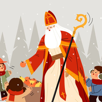 Ein Zeichentrick-Nikolo verteilt Äpfel an drei Kinder, die ihre Arme nach ihm ausstrecken.