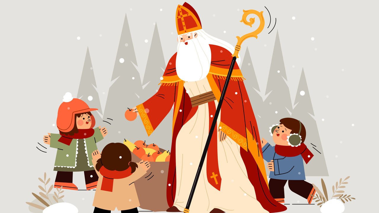 Ein Zeichentrick-Nikolo verteilt Äpfel an drei Kinder, die ihre Arme nach ihm ausstrecken.