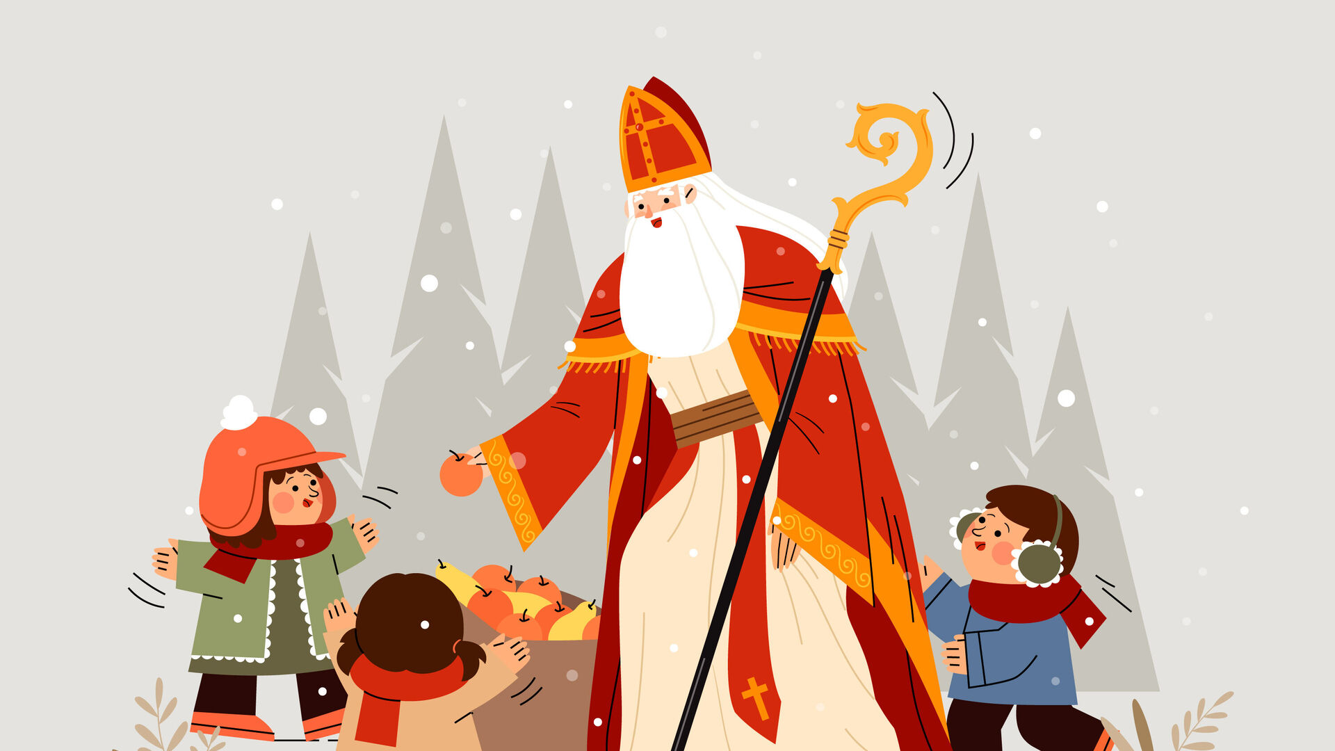 Ein Zeichentrick-Nikolo verteilt Äpfel an drei Kinder, die ihre Arme nach ihm ausstrecken.